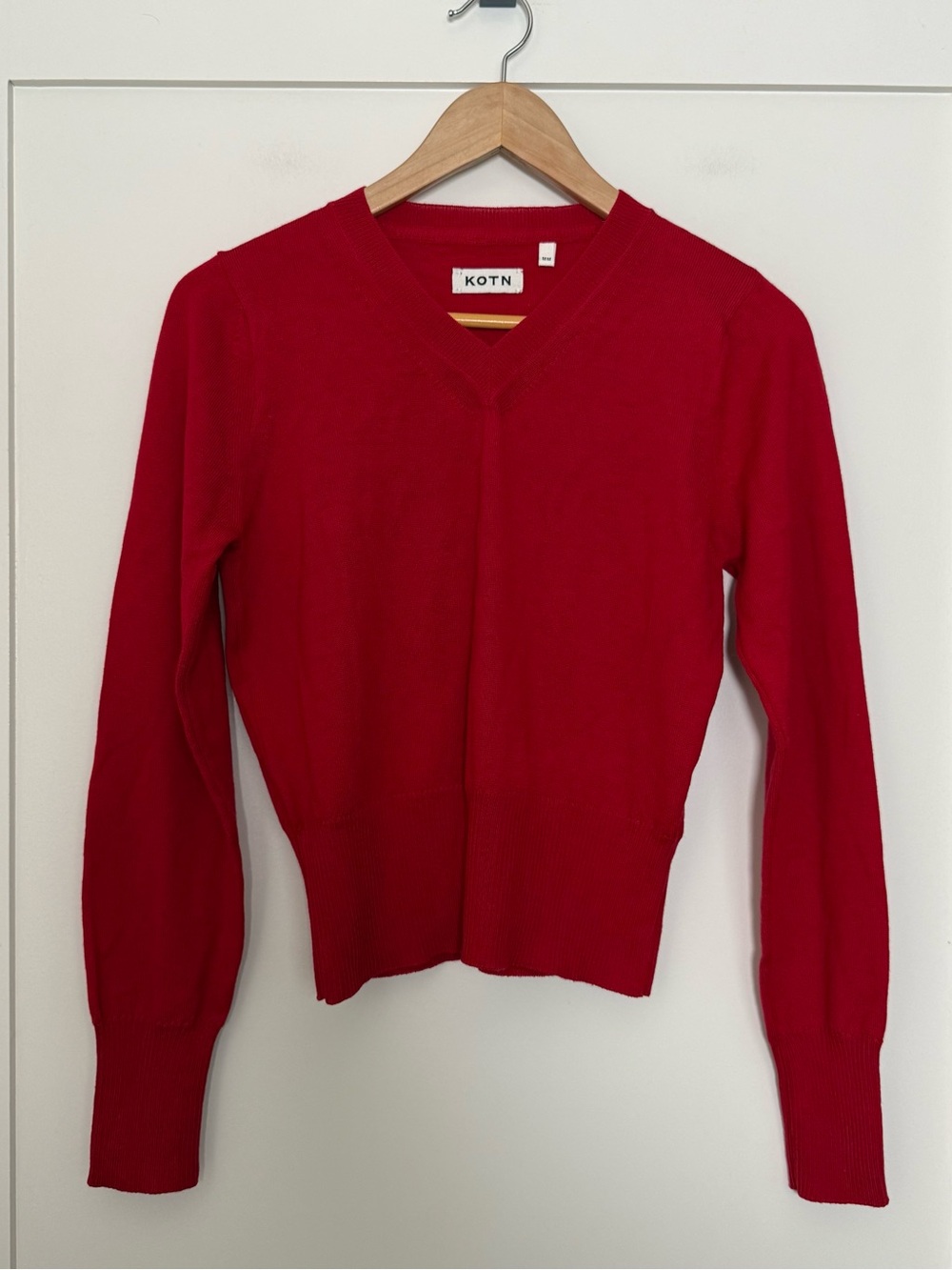 KOTN Sweater Womens Sz M Red 100% Extra Fine Merino Wool V Neck Minimalist